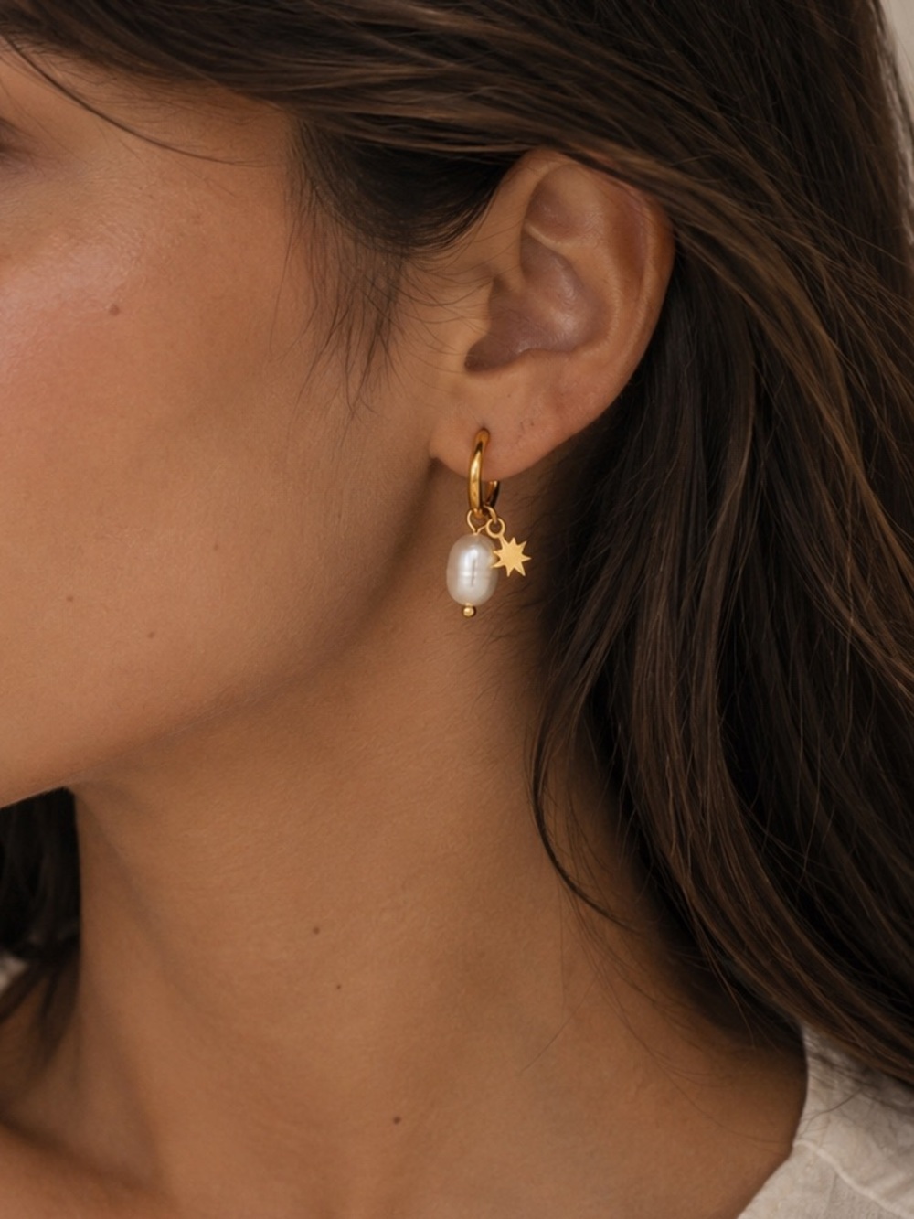 18K Gold Plated Freshwater Pearl Star Charm Hoop Earrings